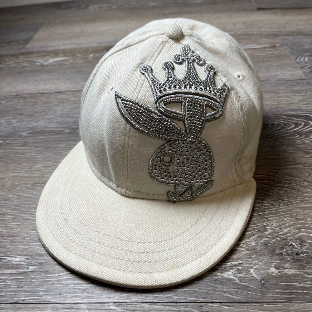 Playboy Fitted Hat Large Cream Studded Crown Bunny Logo Y2K Streetwear Cap